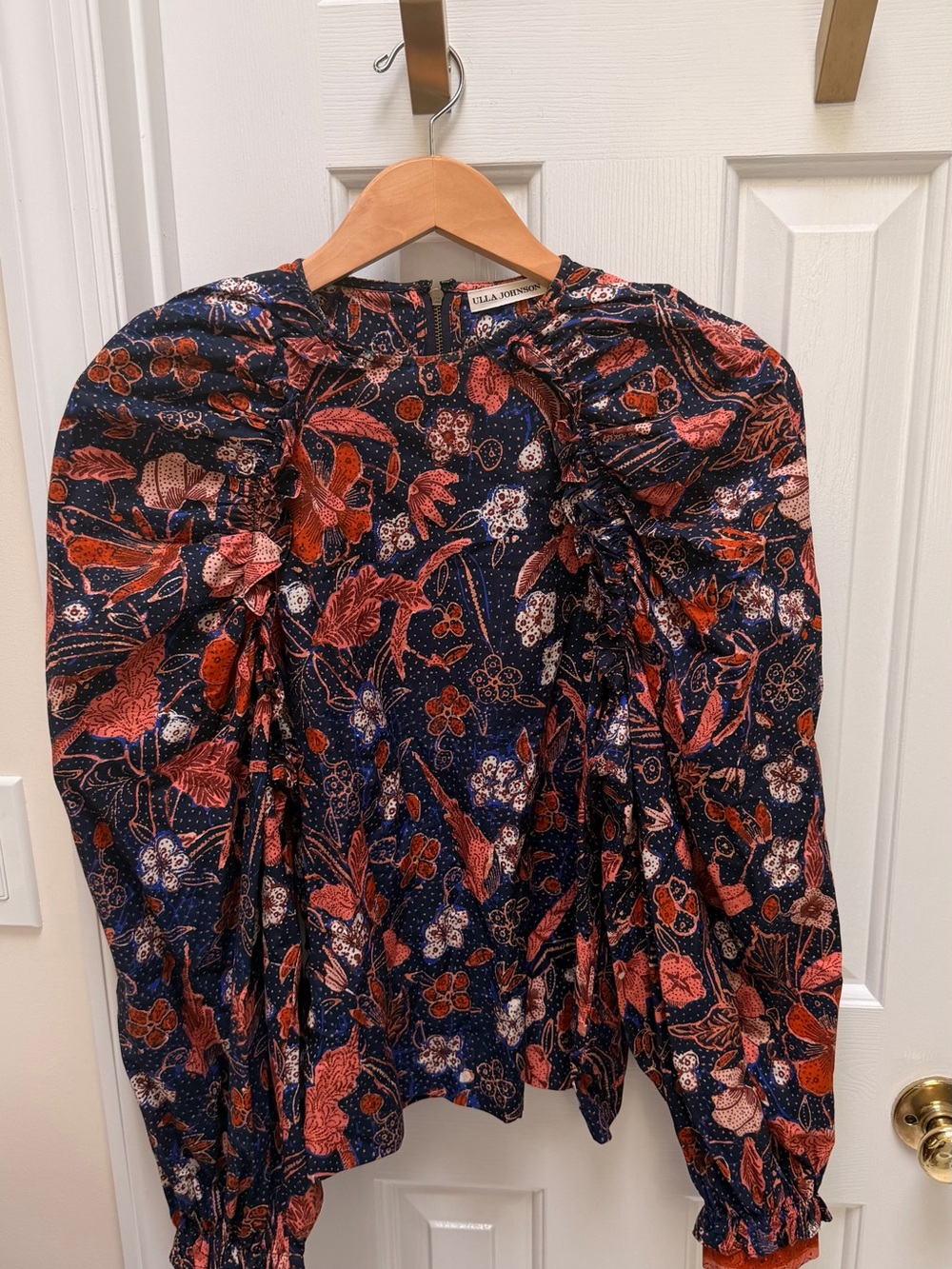 Ulla Johnson Navy Floral Puff-Sleeve Blouse with Red and Pink Botanicals